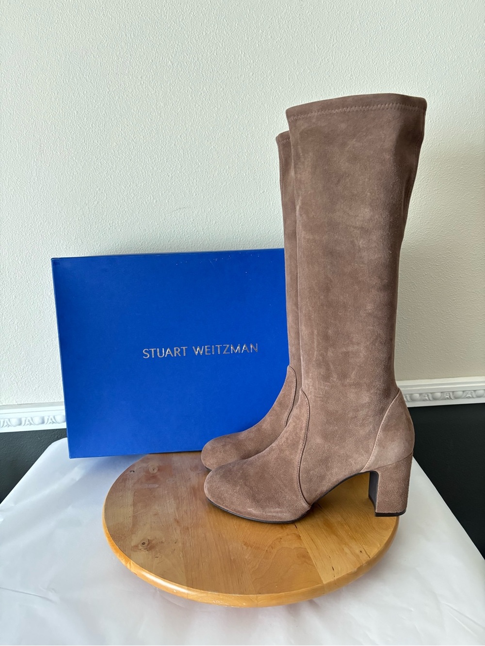 NEW Stuart Weitzman Yuliana Suede Leather Stretch Sock Block Heel Boots Size 9.5